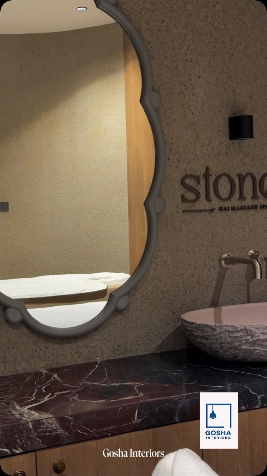 Stones Spa stone vanity and mirror, interior fit-out by Gosha